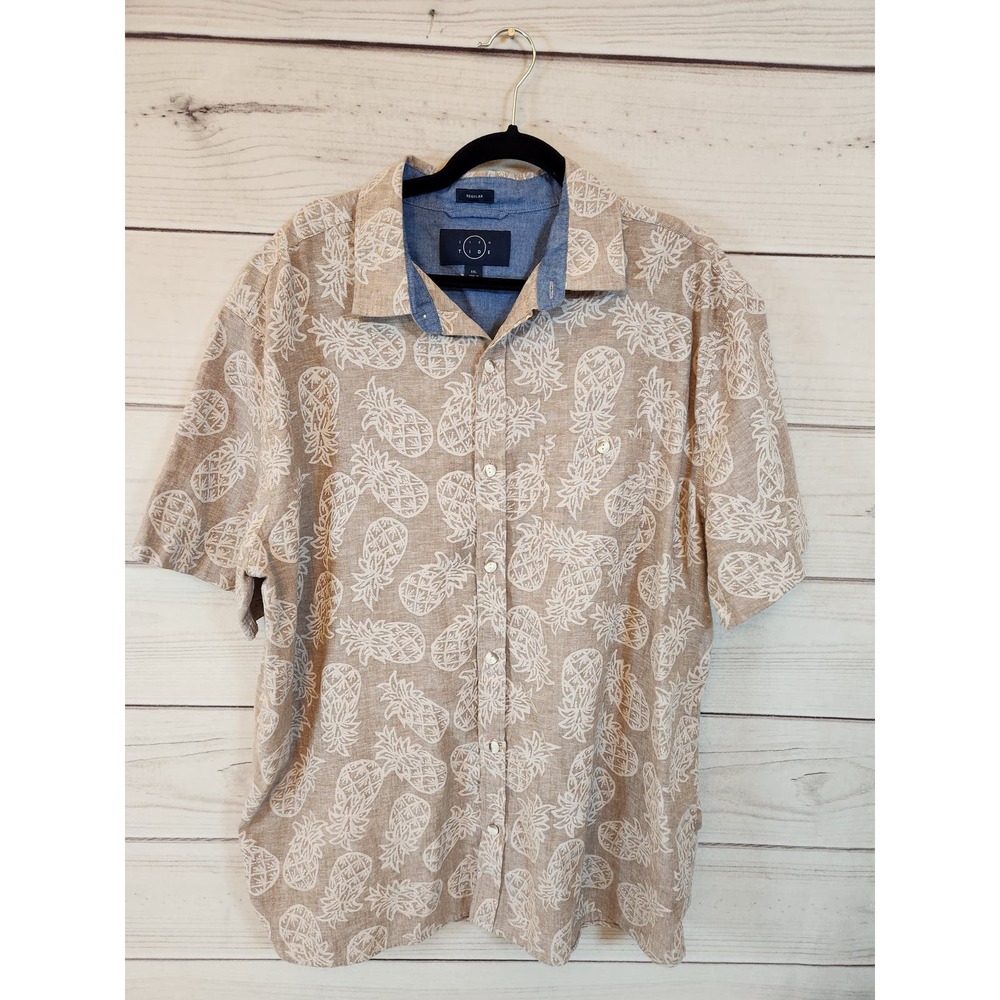 Even Tide Men's Tan Pineapple‎ Short Sleeve Hawaiian Button Down Shirt Size XXL